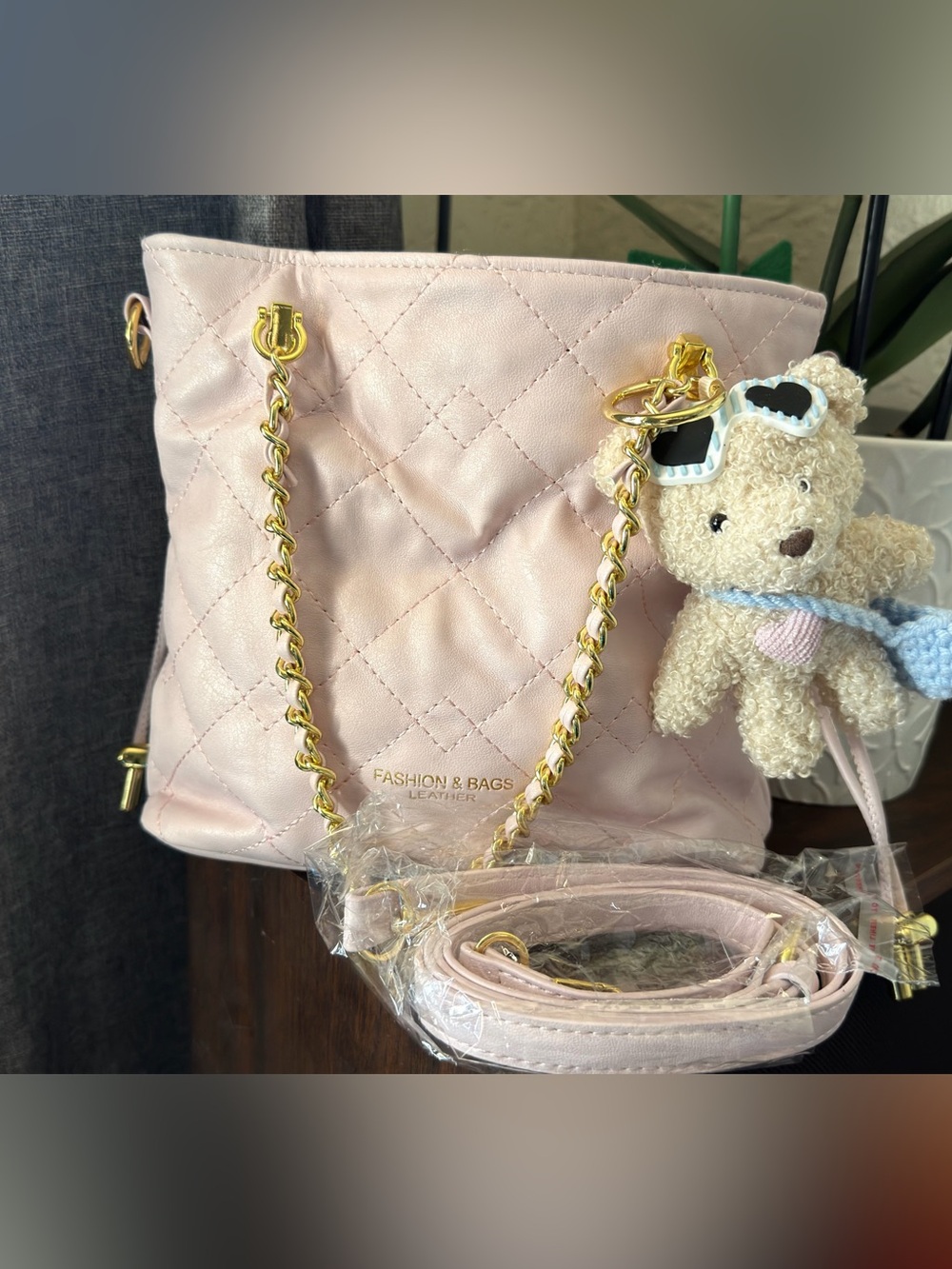 Quilted Pink Chain-Handle Tote with Teddy Charm